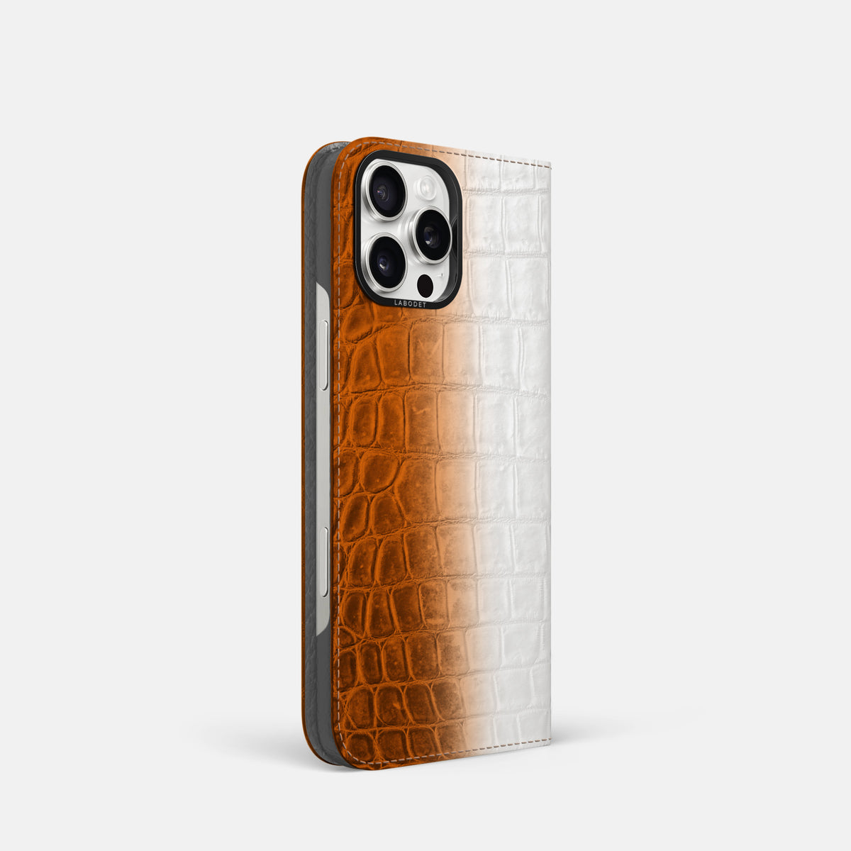 Orange iPhone 16 Pro Folio Case Himalayan Crocodile with Black Metal -1 | Orange-Black