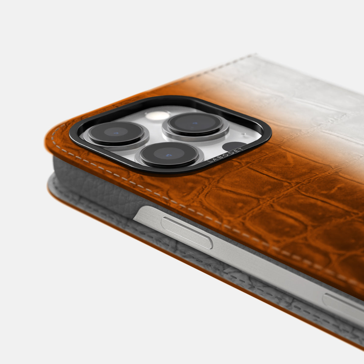 Orange iPhone 16 Pro Folio Case Himalayan Crocodile with Black Metal -5 | Orange-Black