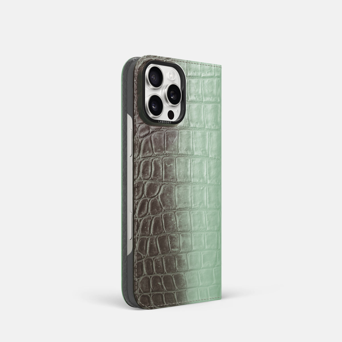 Pistachio iPhone 16 Pro Folio Case Himalayan Crocodile with Black Metal -1 | Pistachio-Black