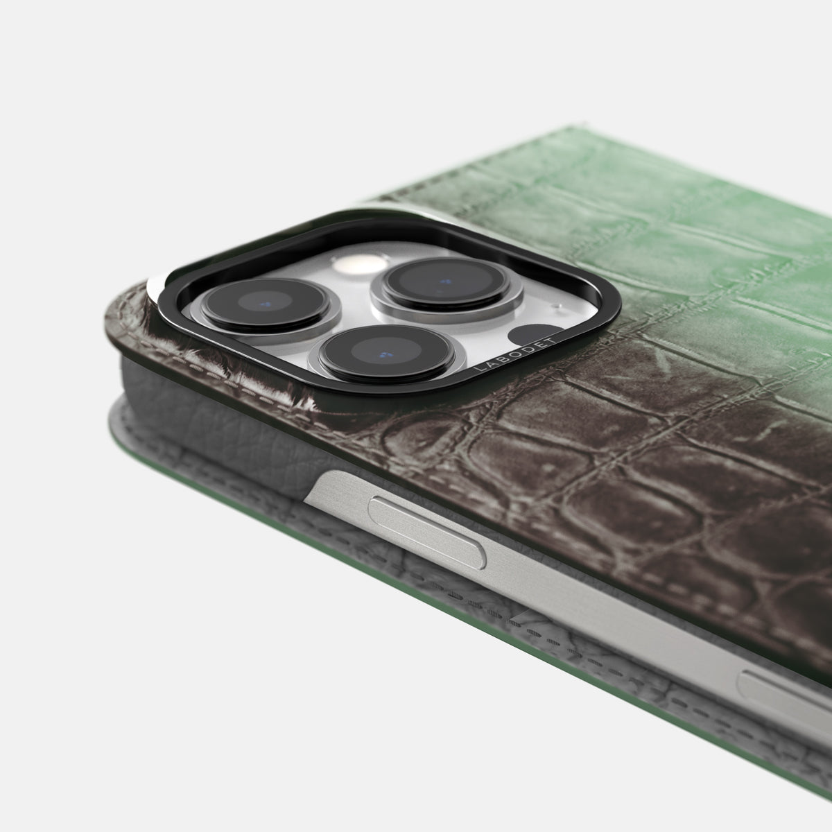 Pistachio iPhone 16 Pro Folio Case Himalayan Crocodile with Black Metal -5 | Pistachio-Black