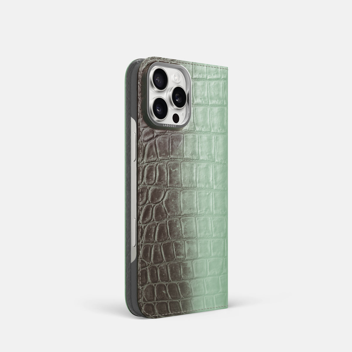 Pistachio iPhone 16 Pro Folio Case Himalayan Crocodile with Steel Metal -1 | Pistachio-Steel