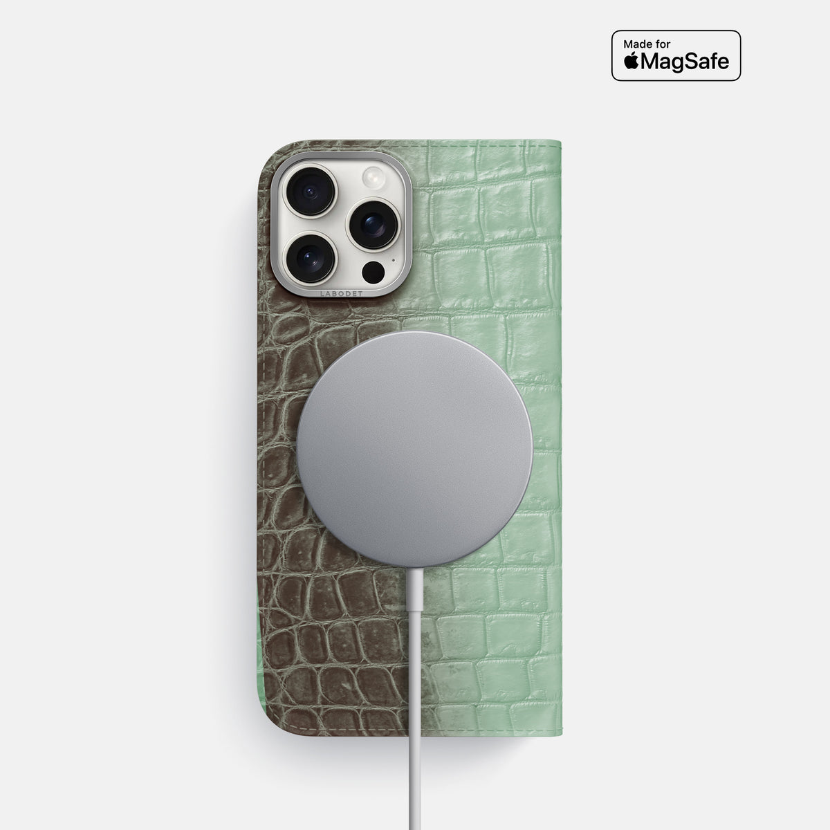 Pistachio iPhone 16 Pro Folio Case Himalayan Crocodile with Steel Metal -3 | Pistachio-Steel