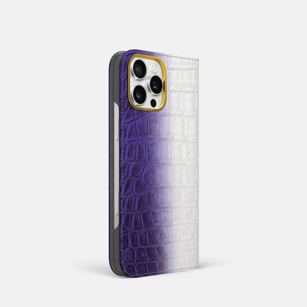 Purple iPhone 16 Pro Folio Case Himalayan Crocodile with Gold Metal -1 | Purple-Gold