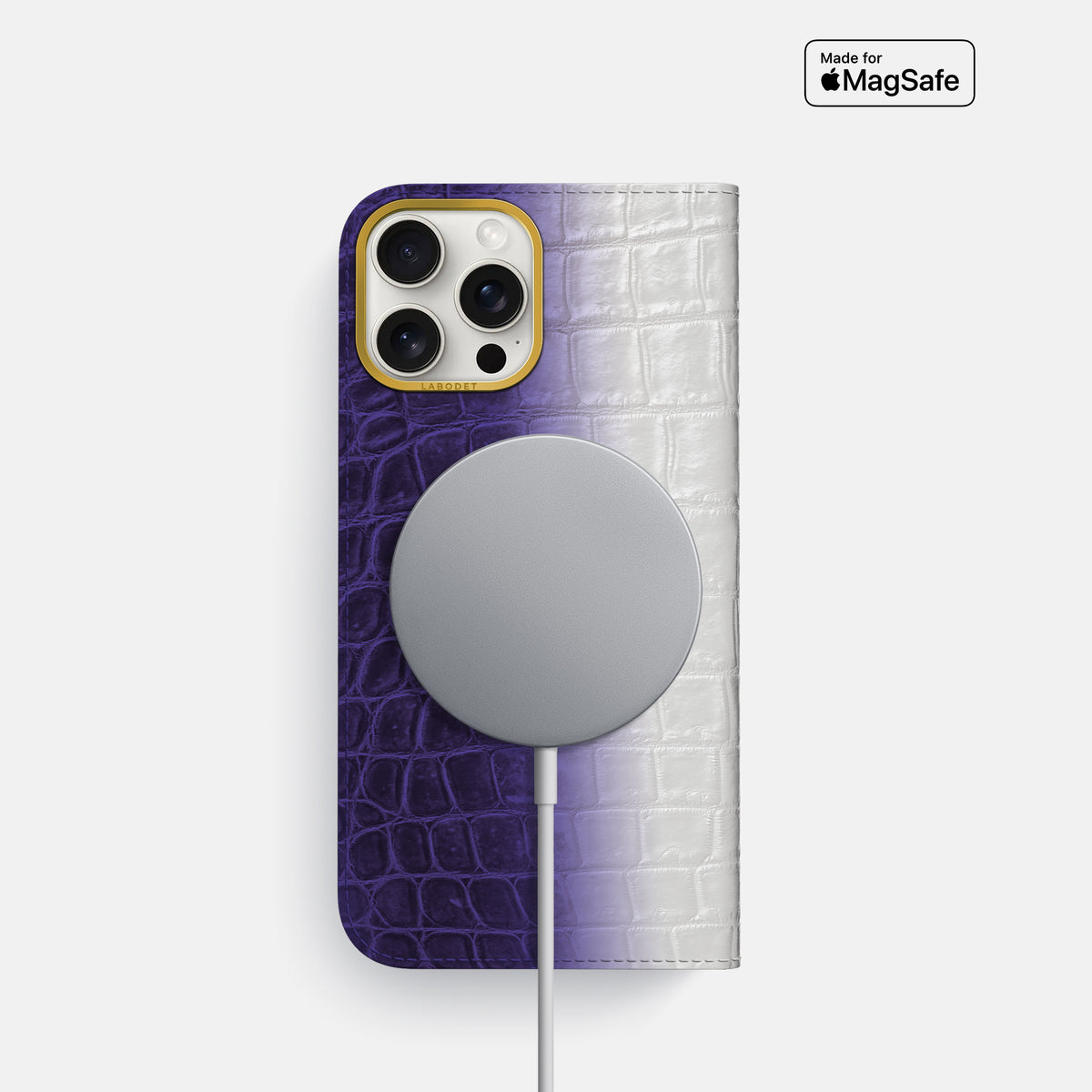 Purple iPhone 16 Pro Folio Case Himalayan Crocodile with Gold Metal -3 | Purple-Gold