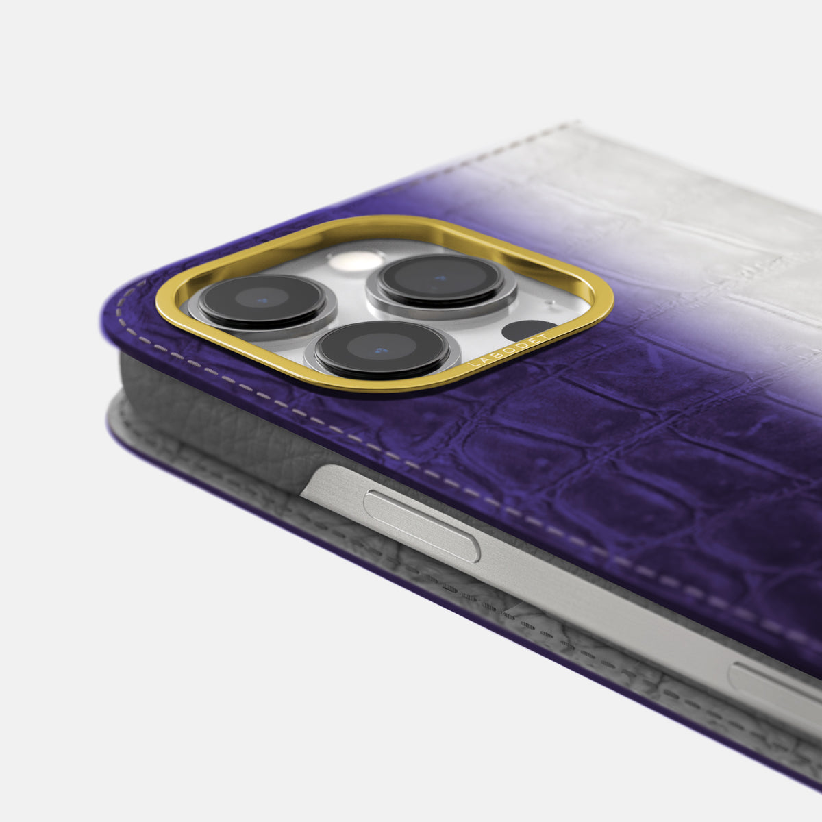Purple iPhone 16 Pro Folio Case Himalayan Crocodile with Gold Metal -5 | Purple-Gold