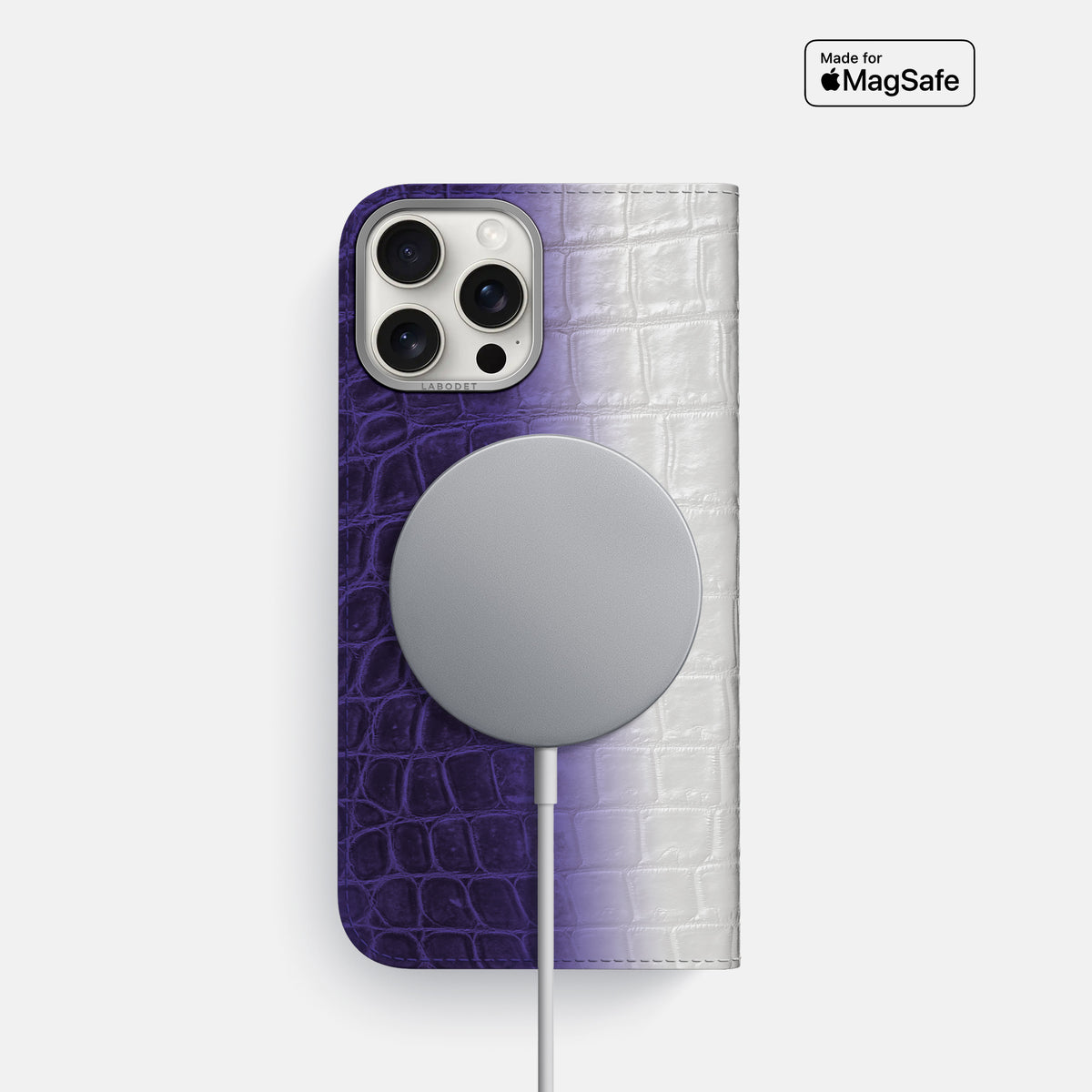 Purple iPhone 16 Pro Folio Case Himalayan Crocodile with Steel Metal -3 | Purple-Steel