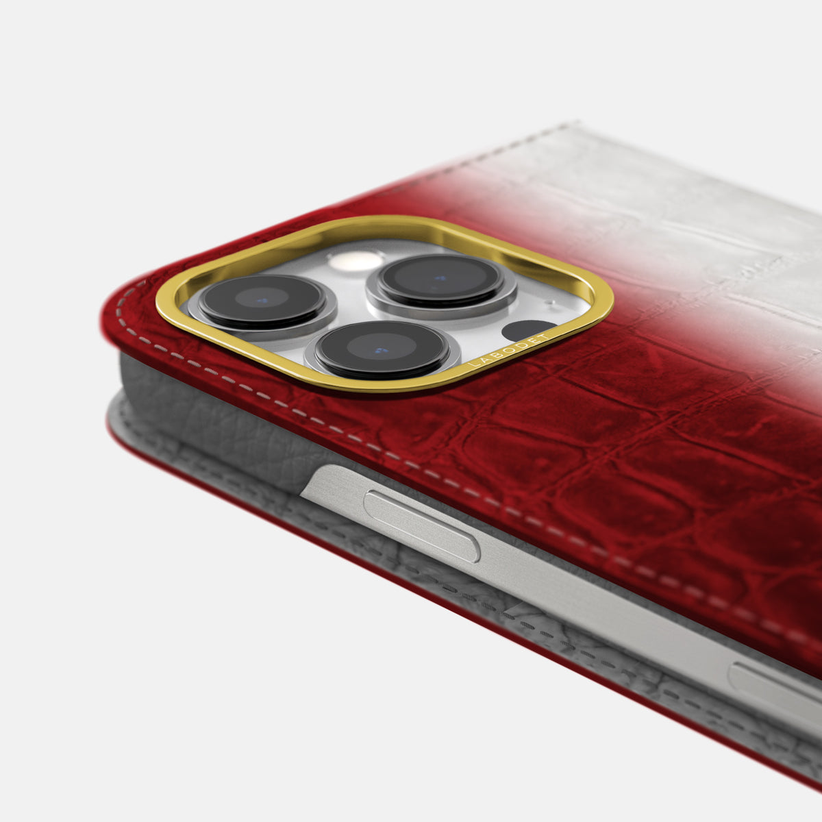 Red iPhone 16 Pro Folio Case Himalayan Crocodile with Gold Metal -5 | Red-Gold