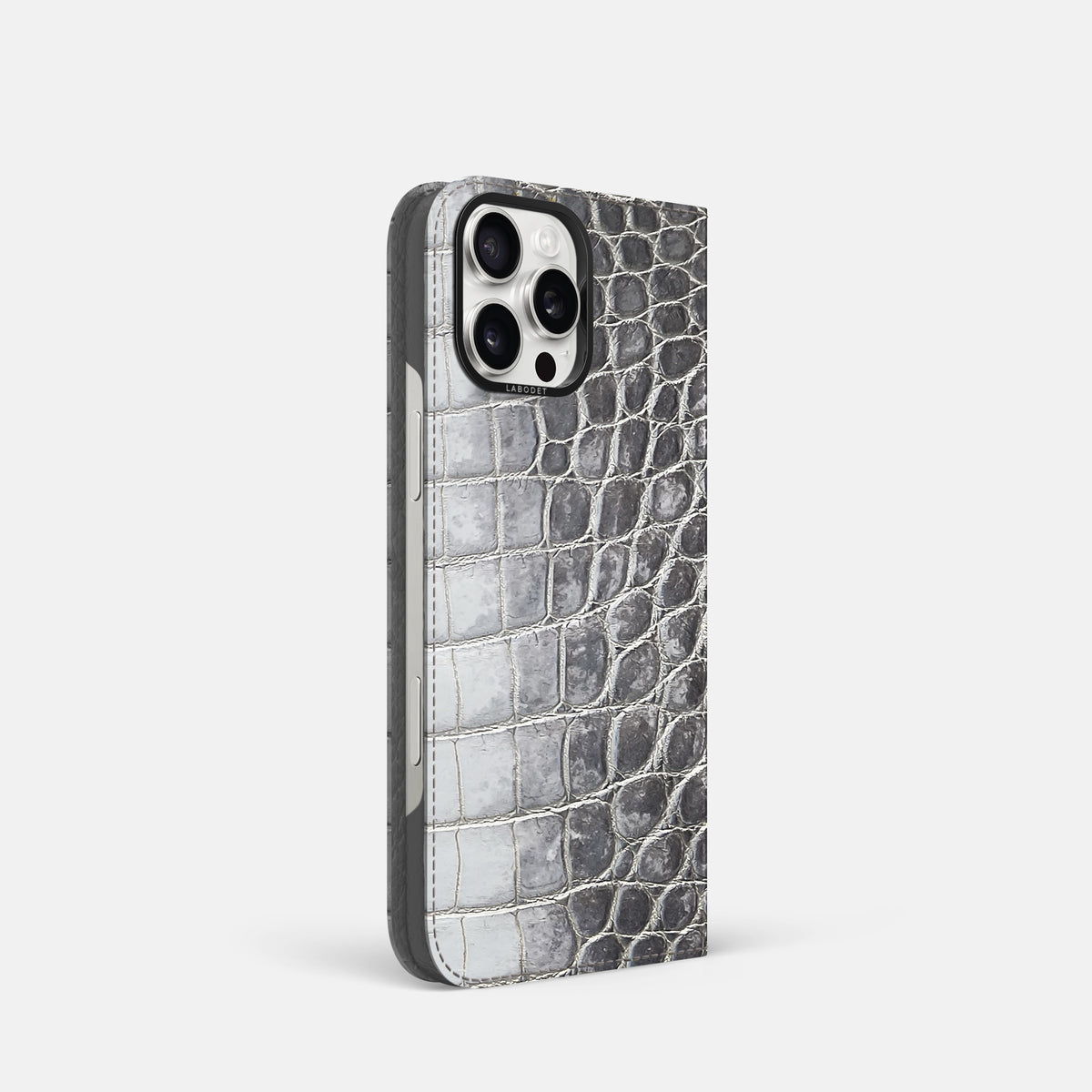 Silver iPhone 16 Pro Folio Case Himalayan Crocodile with Black Metal -1 | Silver-Black