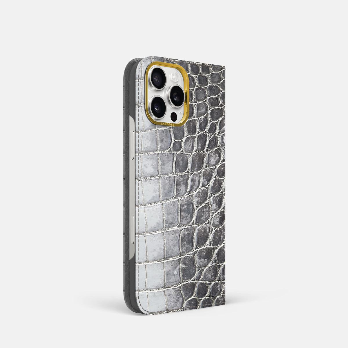 Silver iPhone 16 Pro Folio Case Himalayan Crocodile with Gold Metal -1 | Silver-Gold