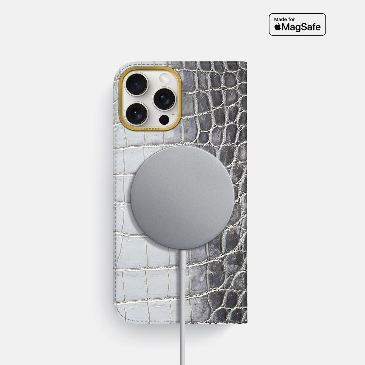 Silver iPhone 16 Pro Folio Case Himalayan Crocodile with Gold Metal -3 | Silver-Gold