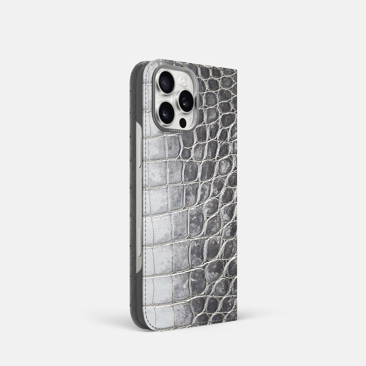 Silver iPhone 16 Pro Folio Case Himalayan Crocodile with Steel Metal -1 | Silver-Steel