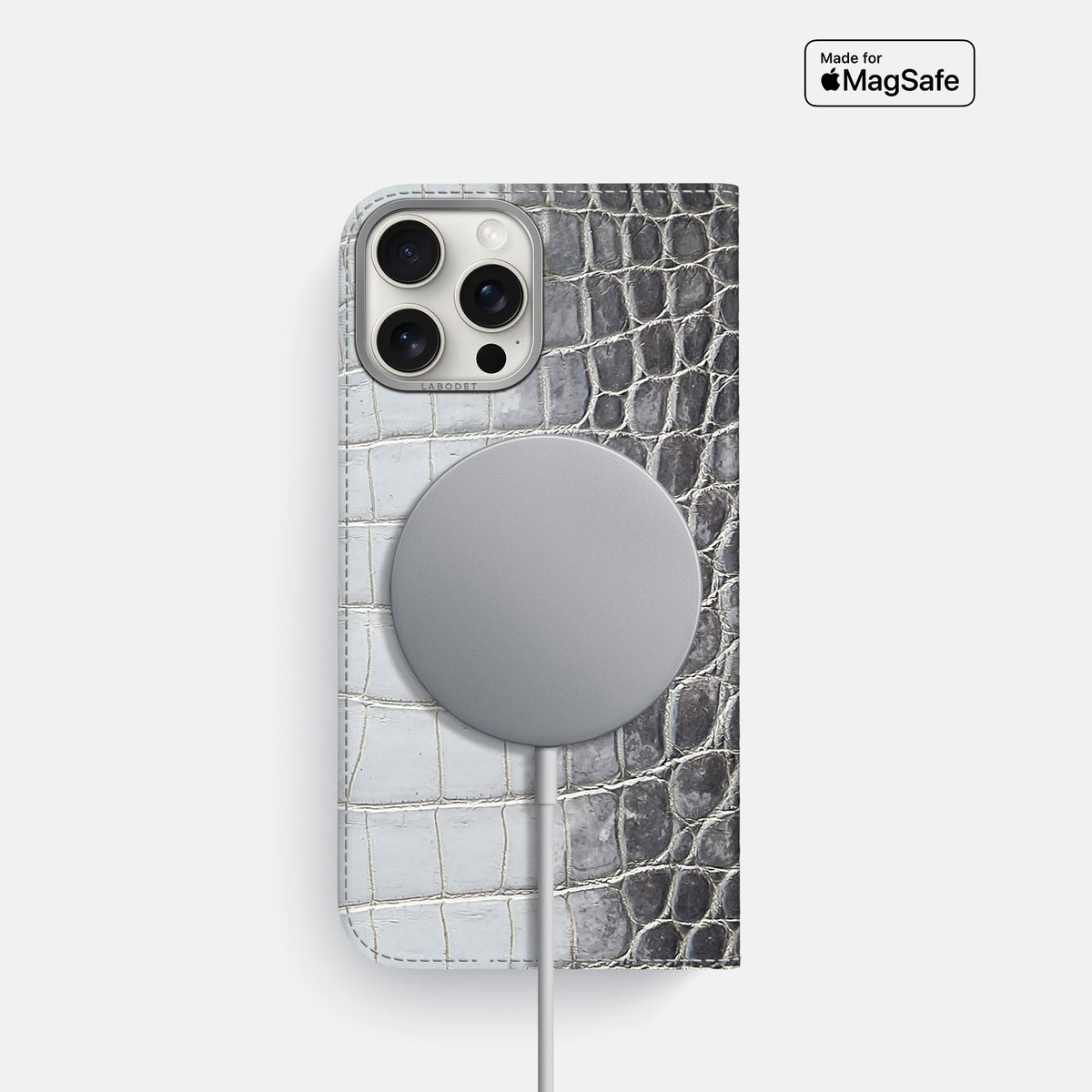 Silver iPhone 16 Pro Folio Case Himalayan Crocodile with Steel Metal -3 | Silver-Steel