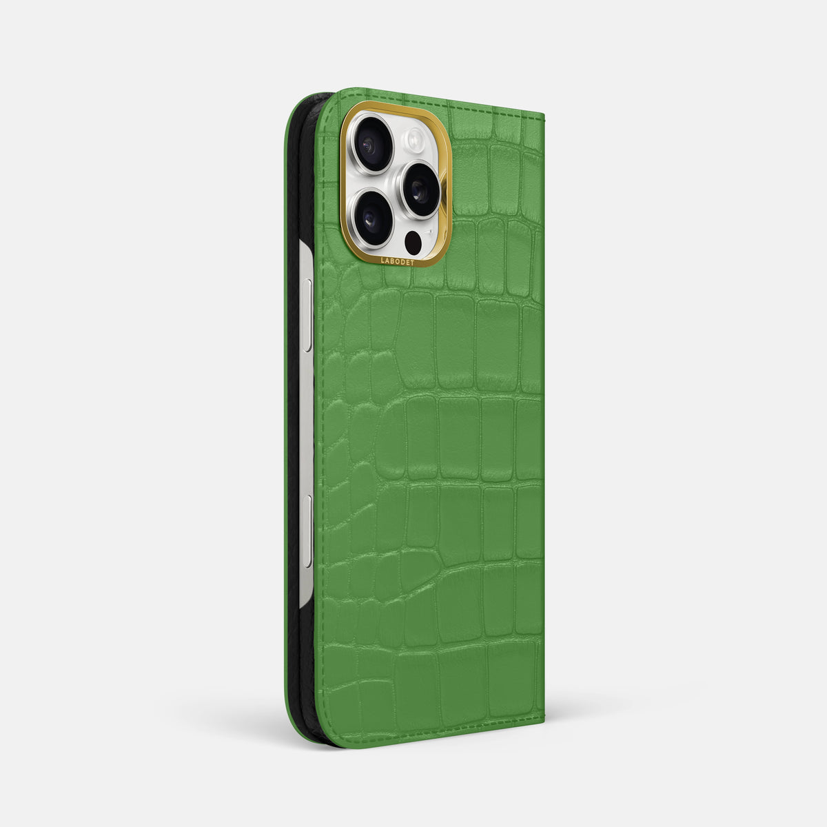 Apple-Green iPhone 16 Pro Max Folio Case In Alligator with Gold Metal -1 | Apple-Green-Gold