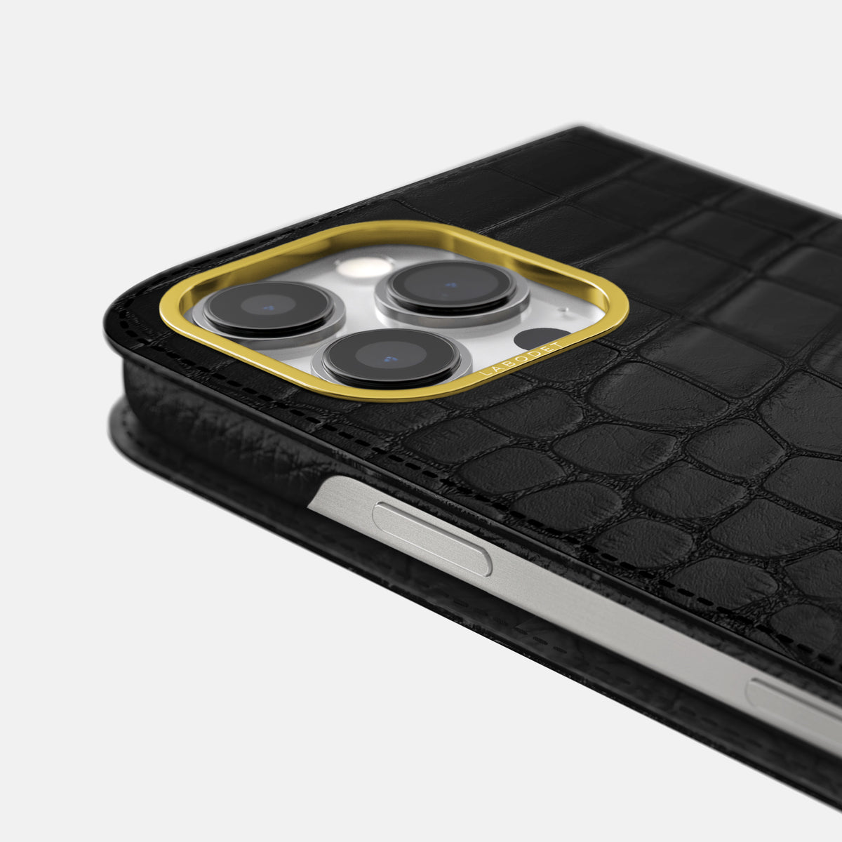 Black iPhone 16 Pro Max Folio Case In Alligator with Gold Metal -5 | Black-Gold