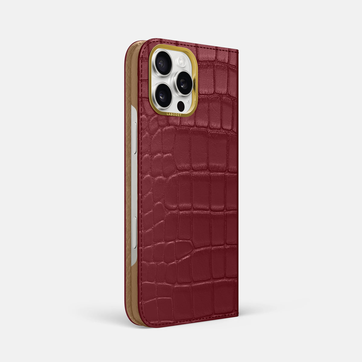 Burgundy iPhone 16 Pro Max Folio Case In Alligator with Gold Metal -1 | Burgundy-Gold