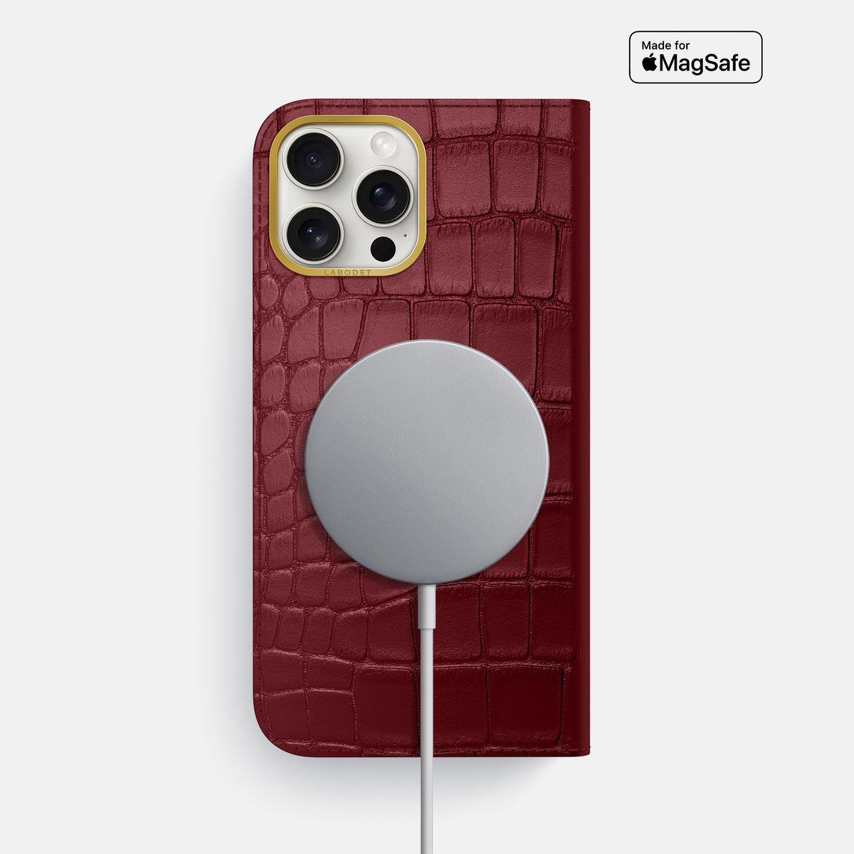Burgundy iPhone 16 Pro Max Folio Case In Alligator with Gold Metal -3 | Burgundy-Gold
