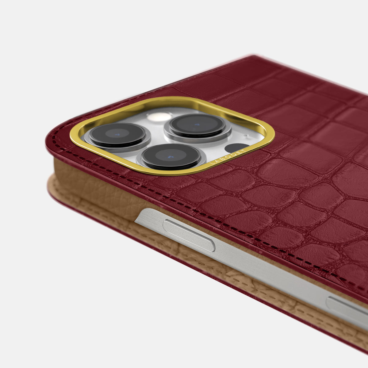 Burgundy iPhone 16 Pro Max Folio Case In Alligator with Gold Metal -5 | Burgundy-Gold