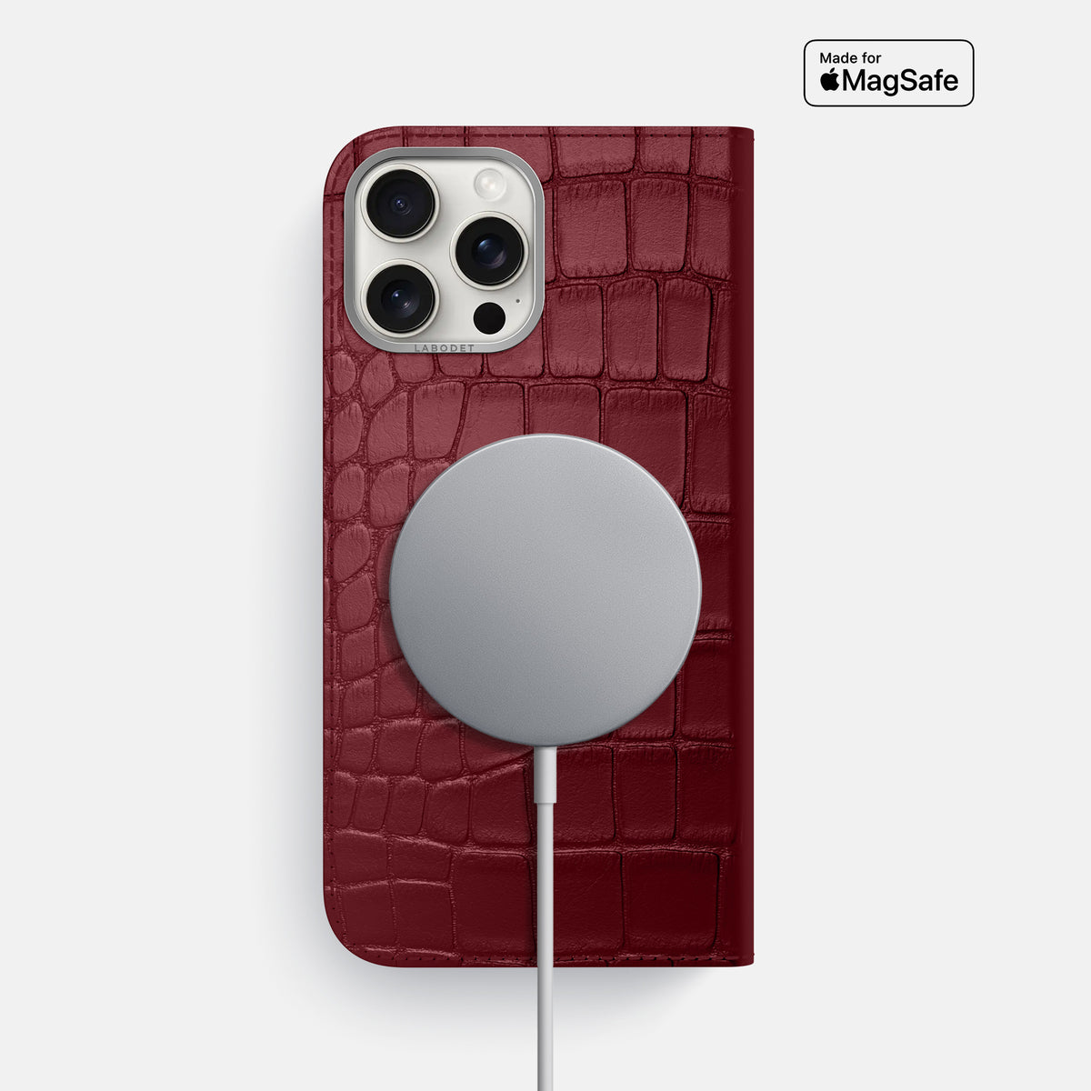 Burgundy iPhone 16 Pro Max Folio Case Alligator with Steel Metal -3 | Burgundy-Steel