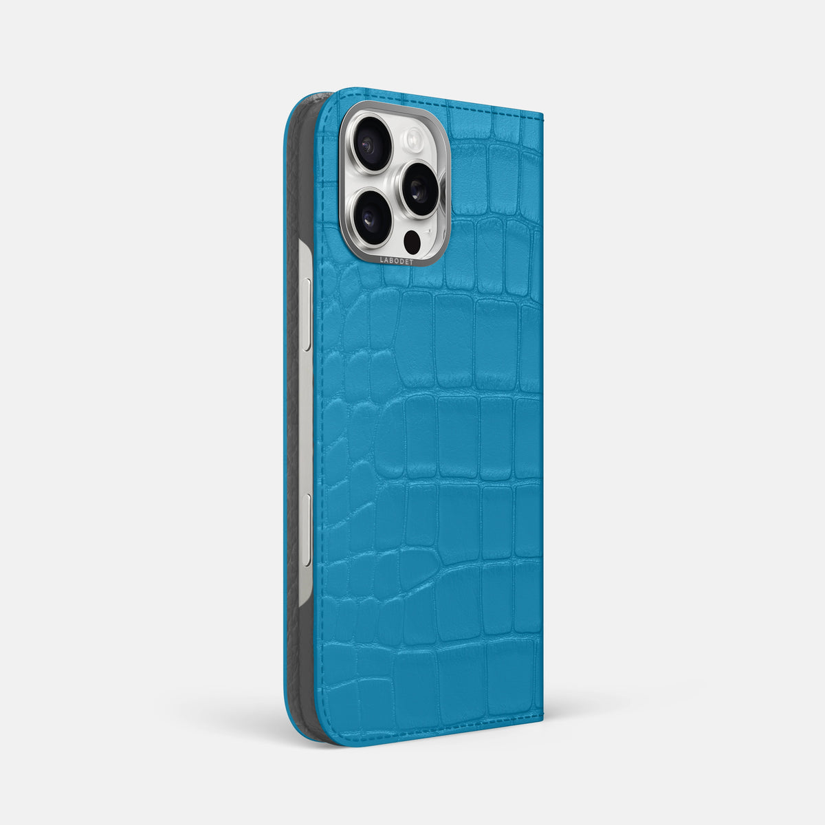 Curaçao-Blue iPhone 16 Pro Max Folio Case Alligator with Steel Metal -1 | Curaçao-Blue-Steel