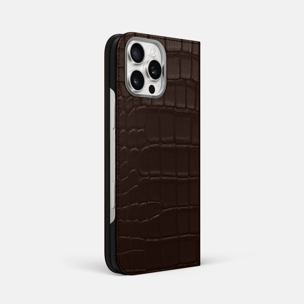 Dark-Brown iPhone 16 Pro Max Folio Case Alligator with Steel Metal -1 | Dark-Brown-Steel