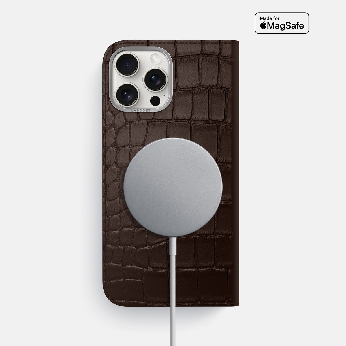 Dark-Brown iPhone 16 Pro Max Folio Case Alligator with Steel Metal -3 | Dark-Brown-Steel