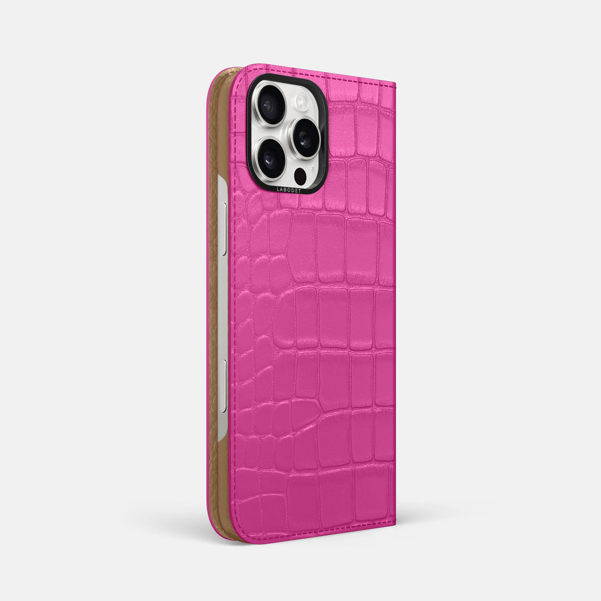 Fuchsia iPhone 16 Pro Max Folio Case Alligator with Black Metal -1 | Fuchsia-Black