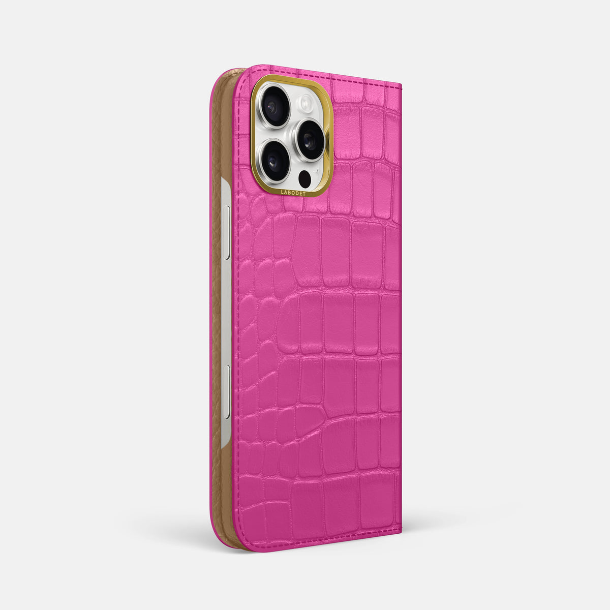 Fuchsia iPhone 16 Pro Max Folio Case In Alligator with Gold Metal -1 | Fuchsia-Gold