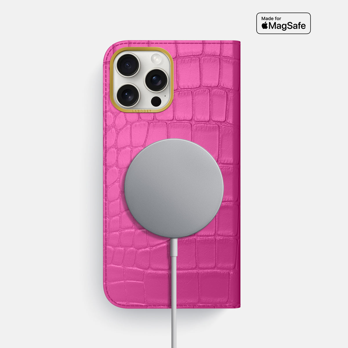 Fuchsia iPhone 16 Pro Max Folio Case In Alligator with Gold Metal -3 | Fuchsia-Gold