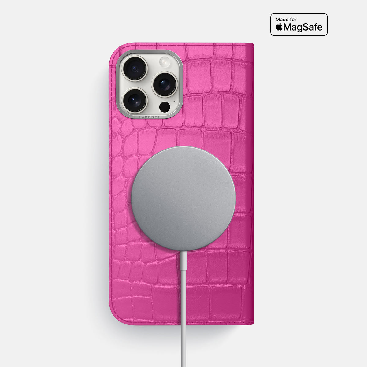 Fuchsia iPhone 16 Pro Max Folio Case Alligator with Steel Metal -3 | Fuchsia-Steel
