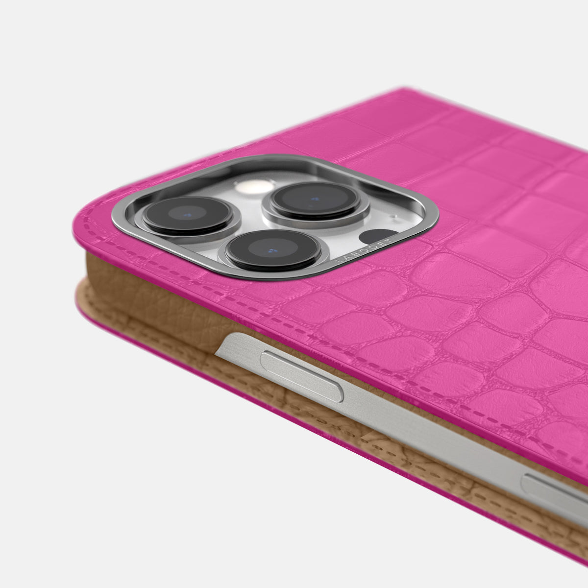 Fuchsia iPhone 16 Pro Max Folio Case Alligator with Steel Metal -5 | Fuchsia-Steel