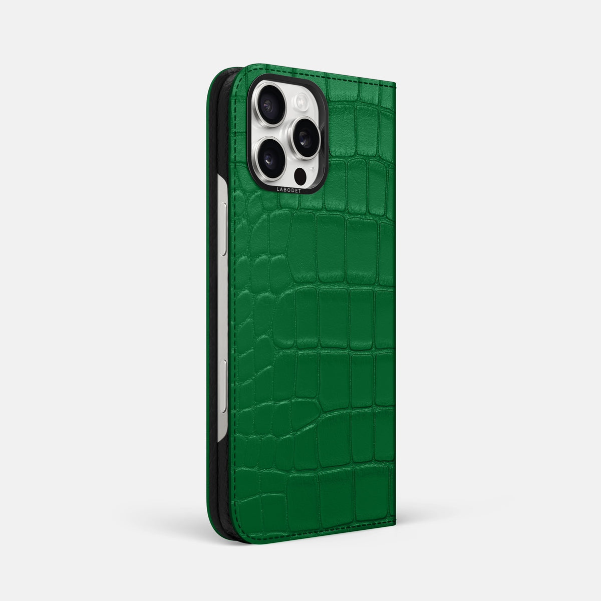 Forest-Green iPhone 16 Pro Max Folio Case In Alligator with Black Metal -1 | Forest-Green-Black