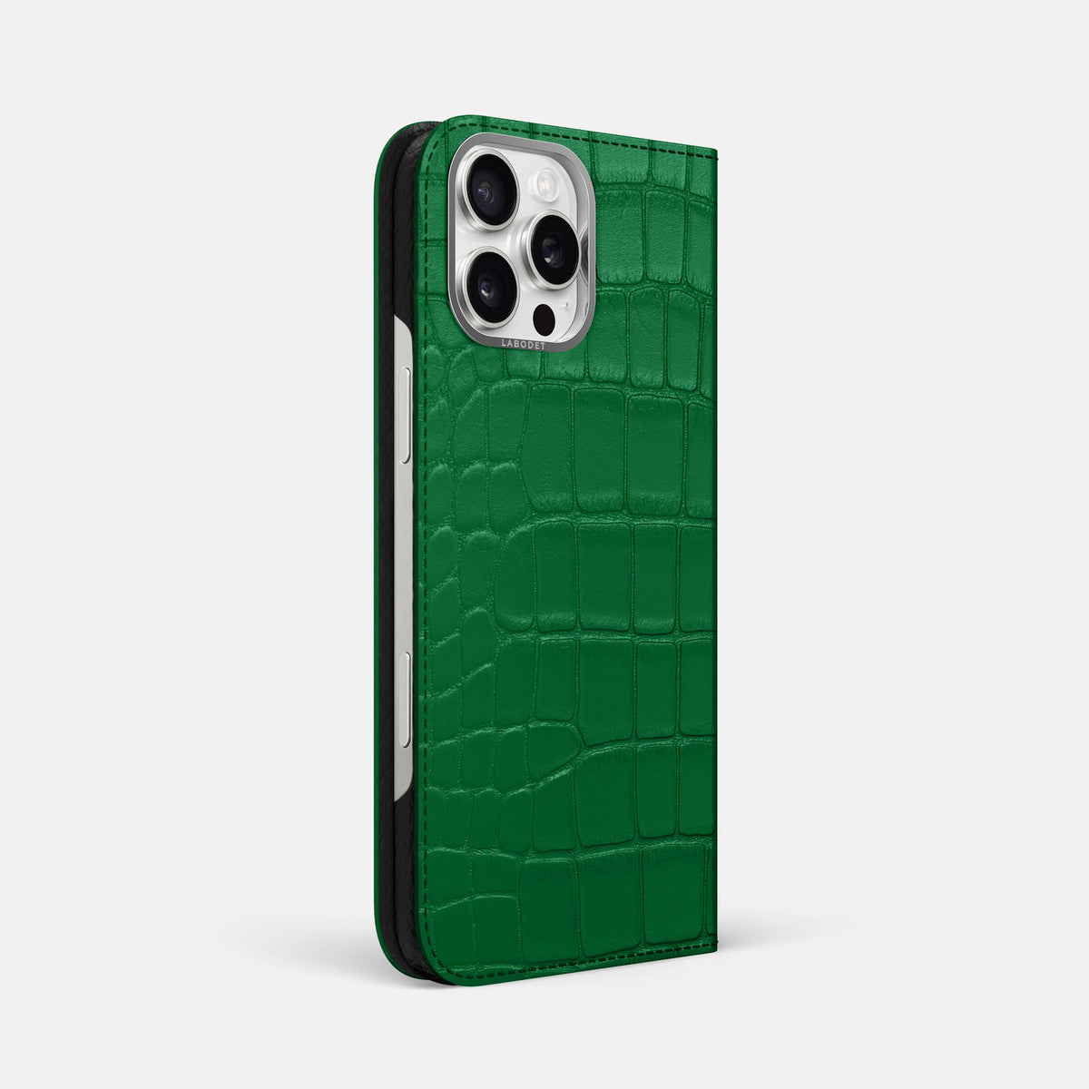 Forest-Green iPhone 16 Pro Max Folio Case In Alligator with Steel Metal -1 | Forest-Green-Steel