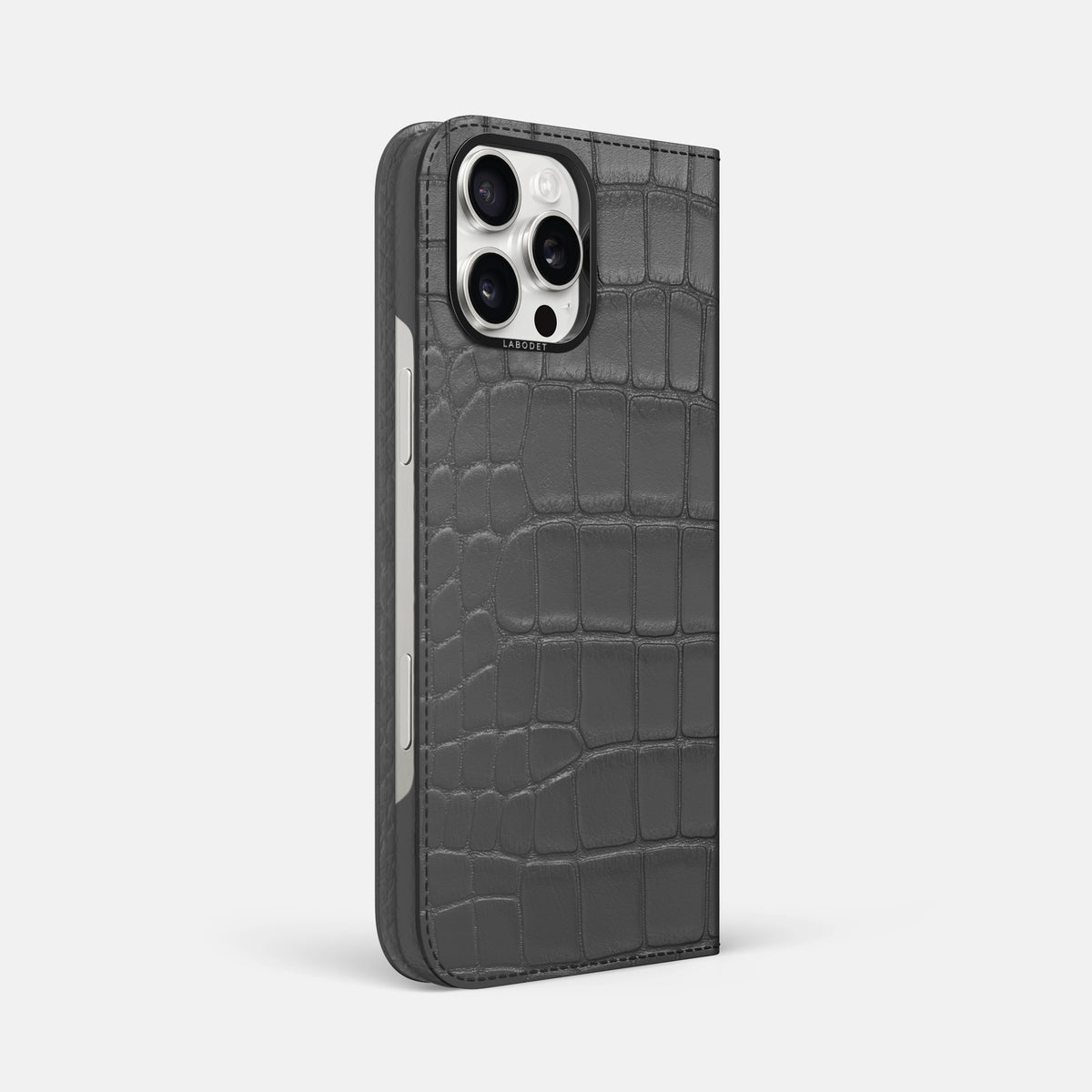 Grey iPhone 16 Pro Max Folio Case Alligator with Black Metal -1 | Grey-Black