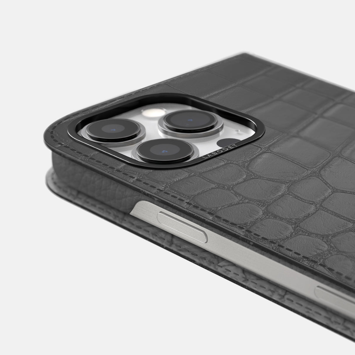 Grey iPhone 16 Pro Max Folio Case Alligator with Black Metal -5 | Grey-Black