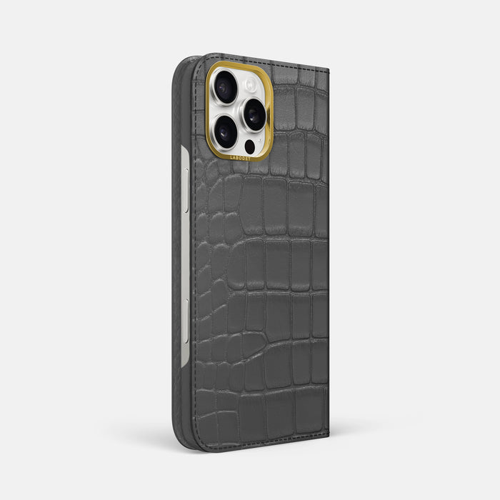 Grey iPhone 16 Pro Max Folio Case In Alligator with Gold Metal -1 | Grey-Gold