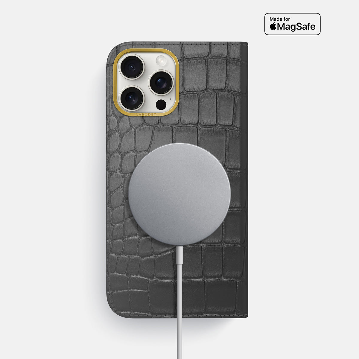 Grey iPhone 16 Pro Max Folio Case In Alligator with Gold Metal -3 | Grey-Gold