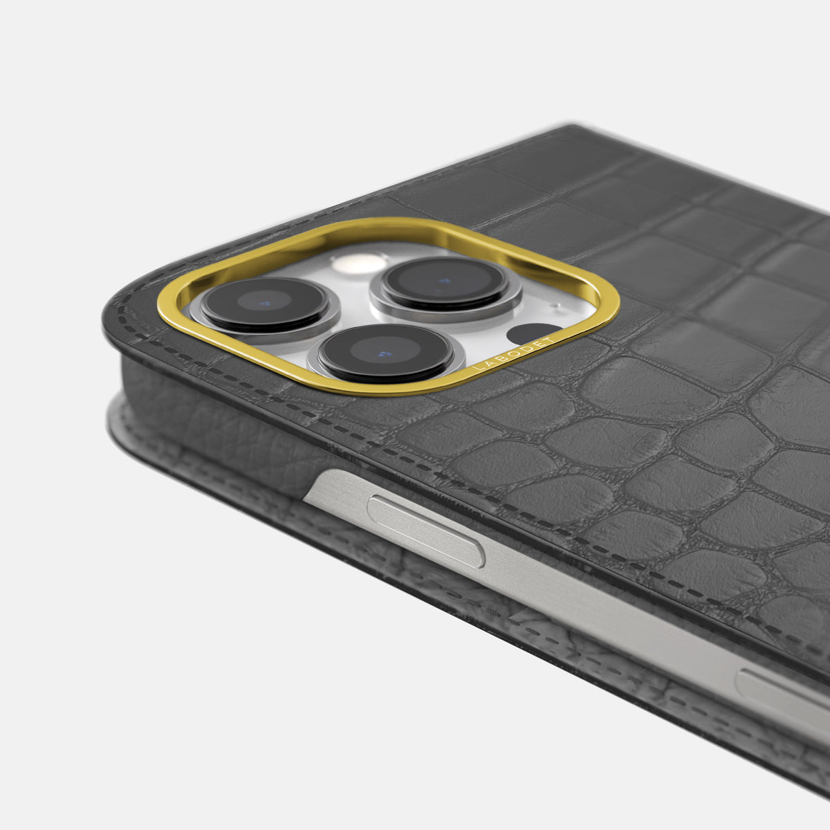 Grey iPhone 16 Pro Max Folio Case In Alligator with Gold Metal -5 | Grey-Gold