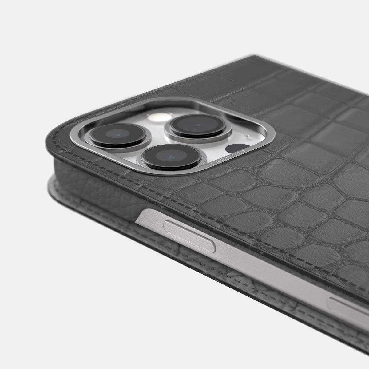 Grey iPhone 16 Pro Max Folio Case Alligator with Steel Metal -5 | Grey-Steel