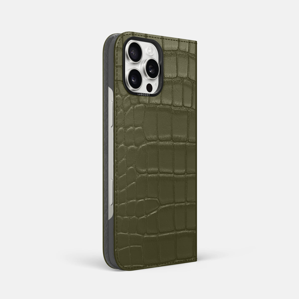 Kaki-Green iPhone 16 Pro Max Folio Case Alligator with Black Metal -1 | Kaki-Green-Black