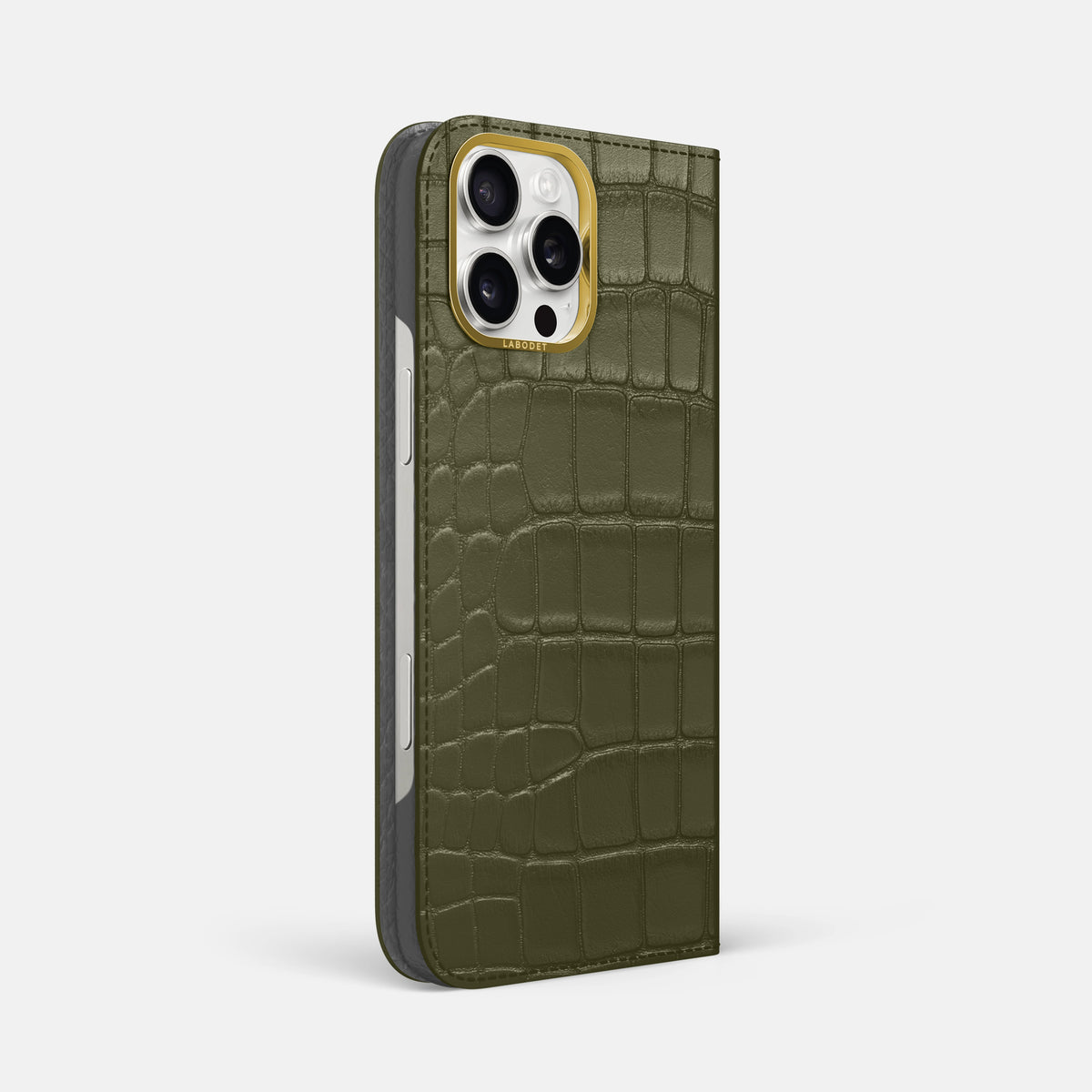 Kaki-Green iPhone 16 Pro Max Folio Case In Alligator with Gold Metal -1 | Kaki-Green-Gold