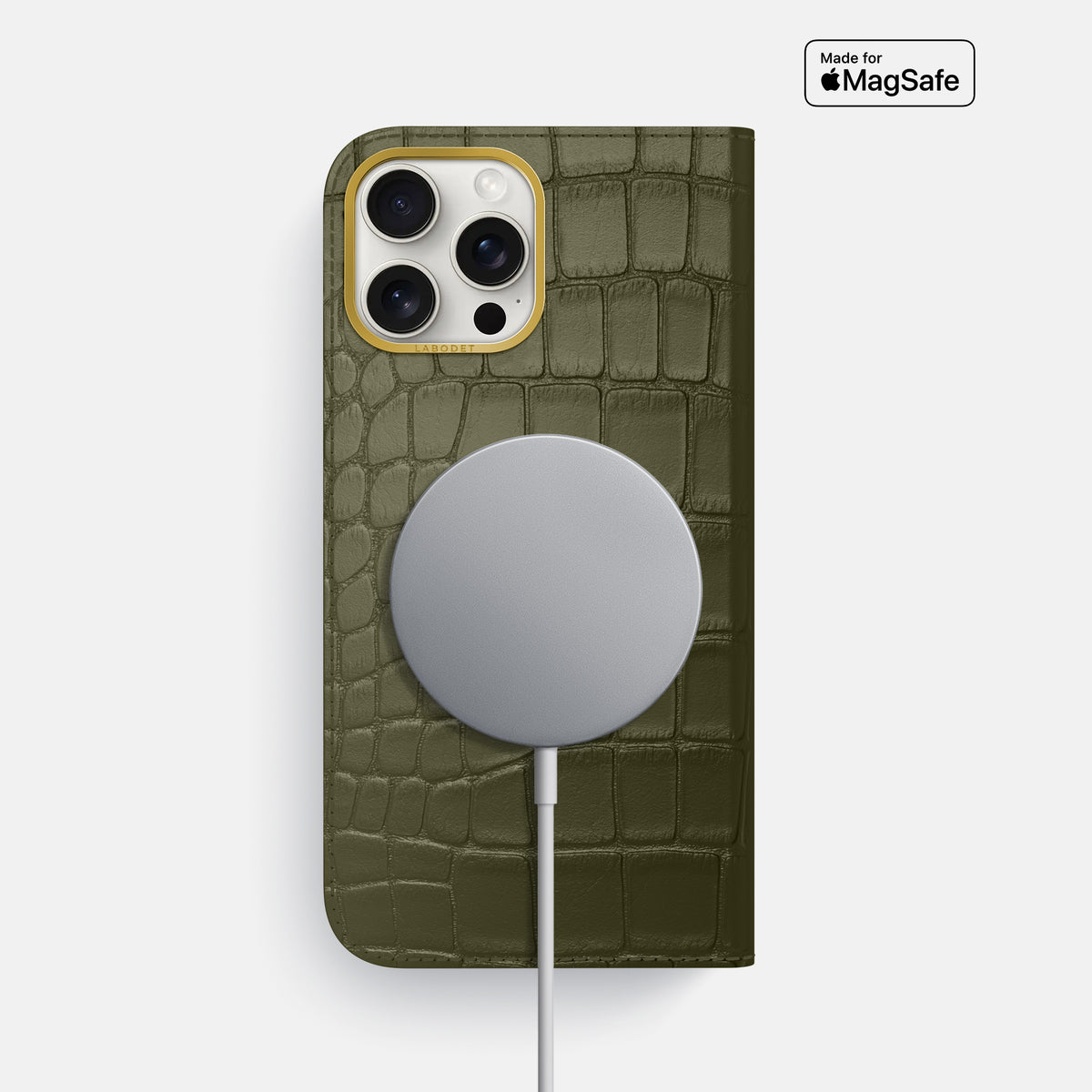 Kaki-Green iPhone 16 Pro Max Folio Case In Alligator with Gold Metal -3 | Kaki-Green-Gold
