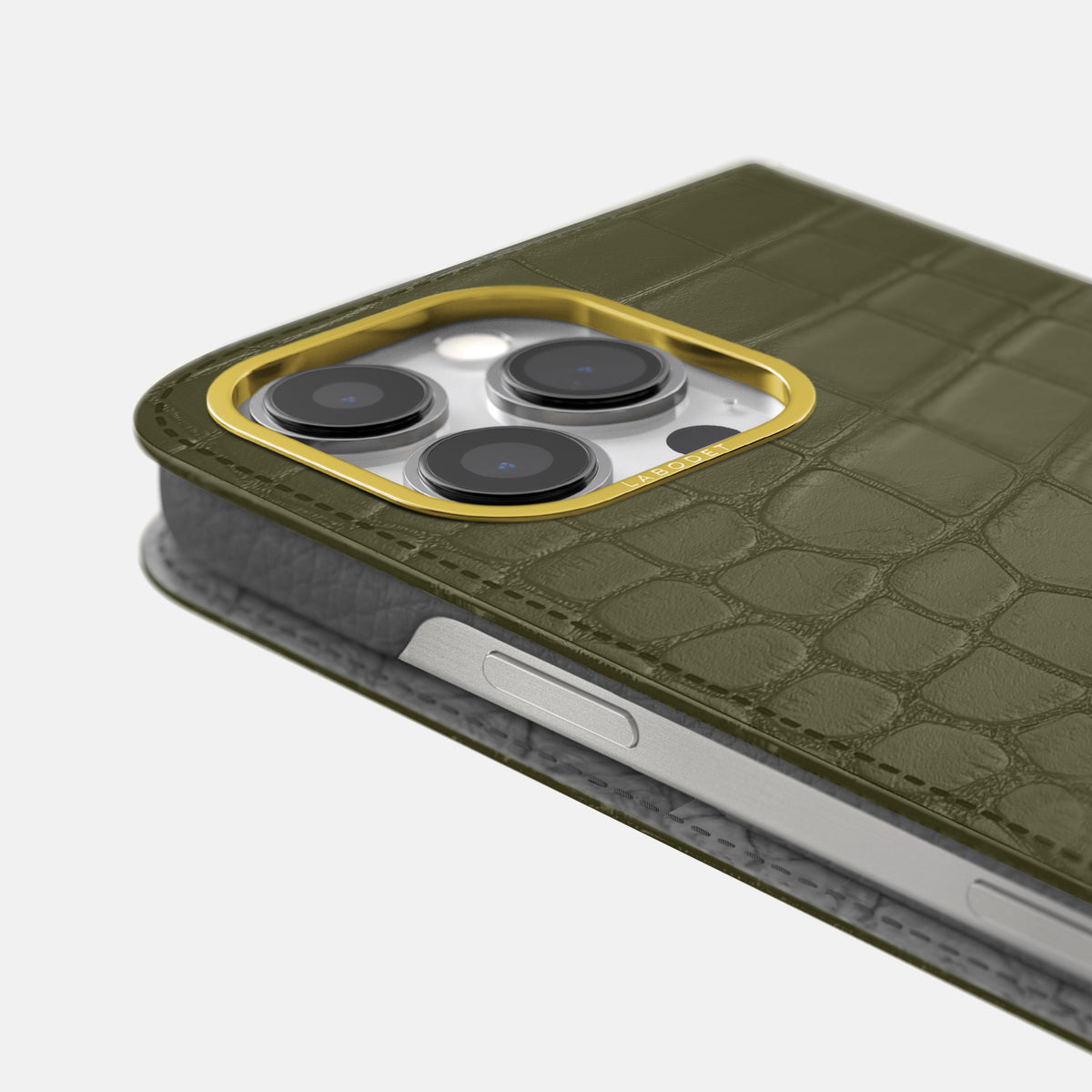 Kaki-Green iPhone 16 Pro Max Folio Case In Alligator with Gold Metal -5 | Kaki-Green-Gold