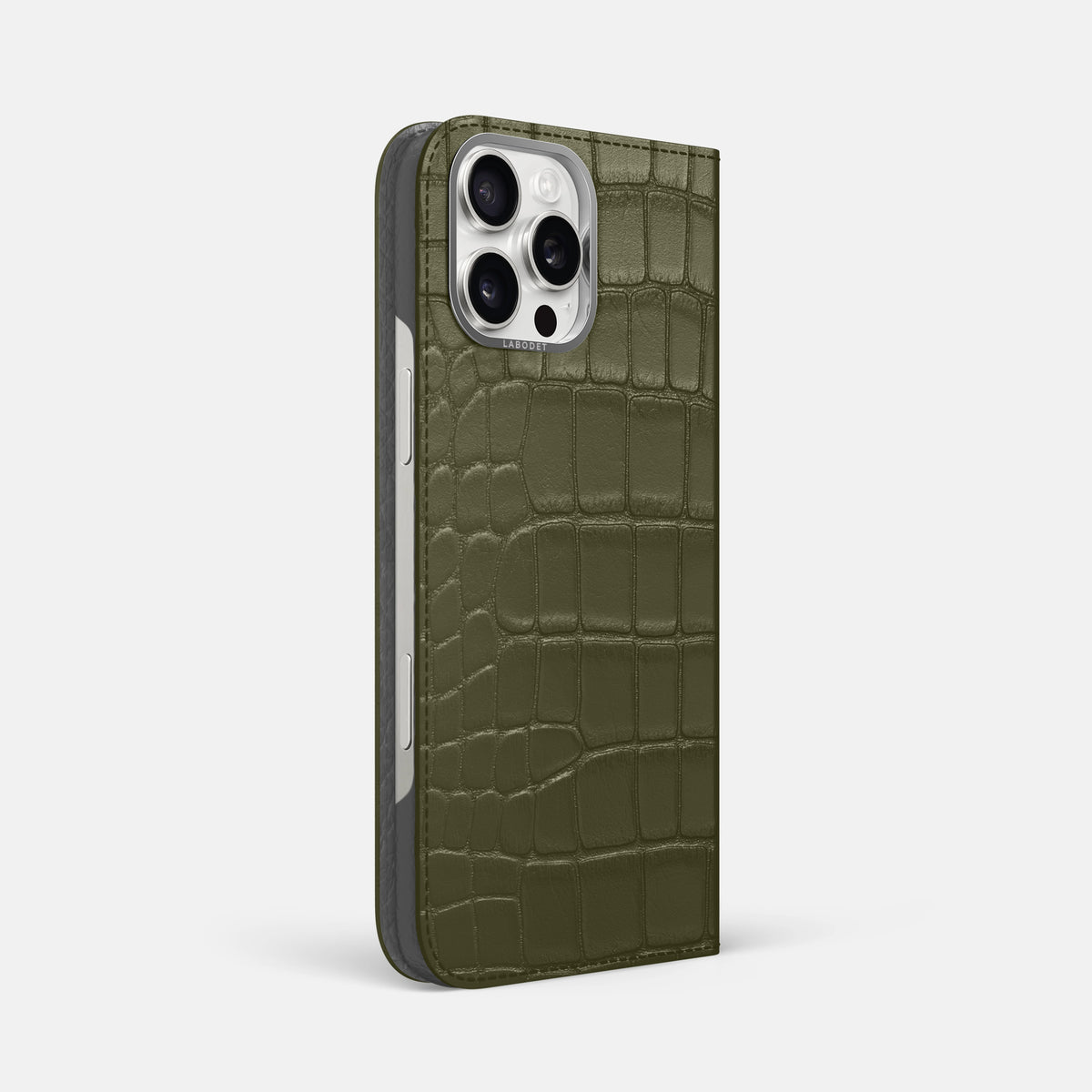 Kaki-Green iPhone 16 Pro Max Folio Case Alligator with Steel Metal -1 | Kaki-Green-Steel