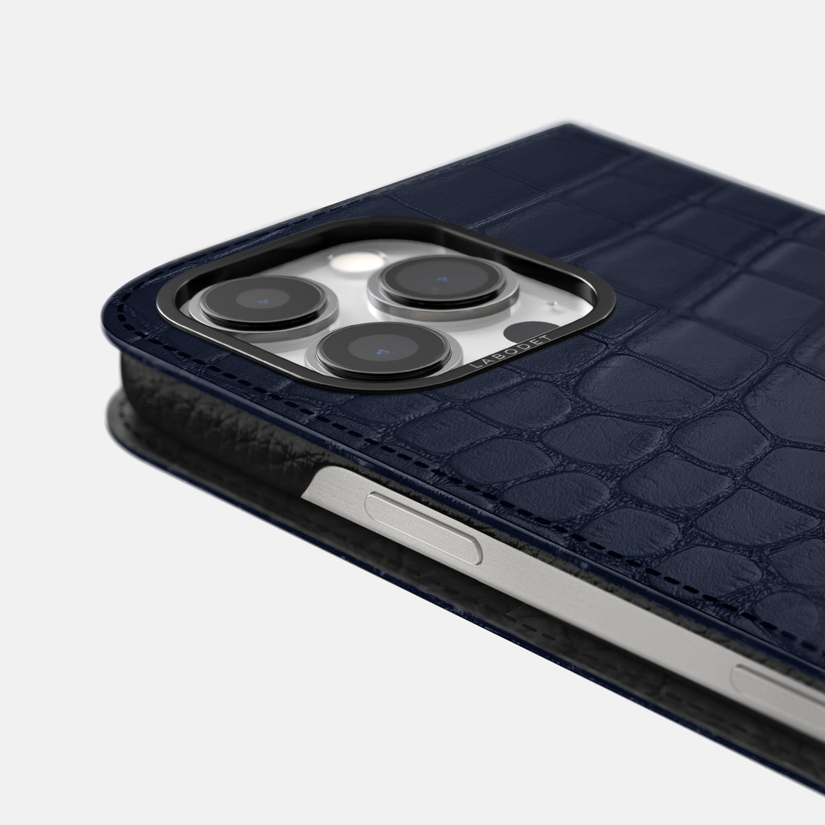 Navy Blue iPhone 16 Pro Max Folio Case Alligator with Black Metal -5 | Navy-Blue-Black