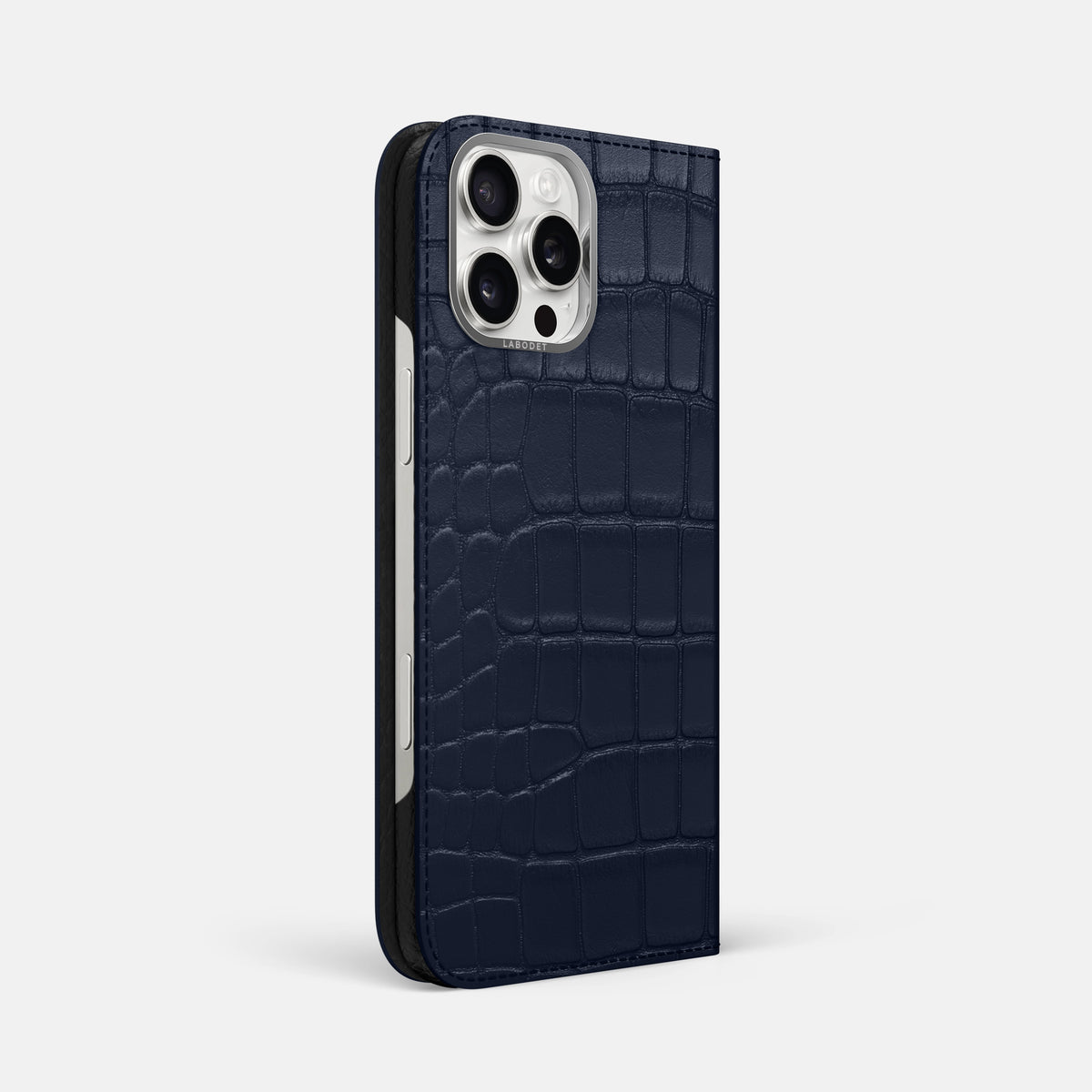 Navy Blue iPhone 16 Pro Max Folio Case Alligator with Steel Metal -1 | Navy-Blue-Steel