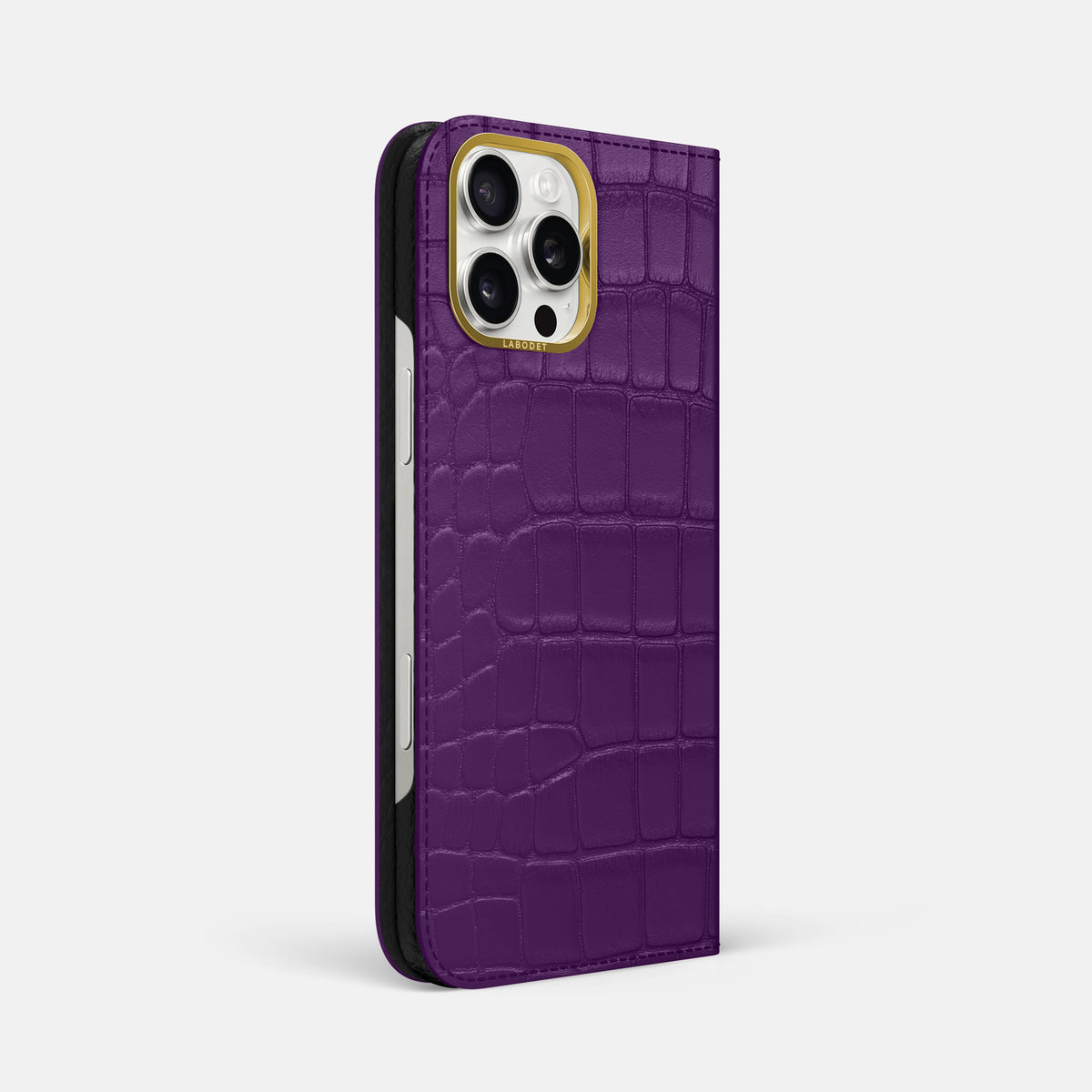 Purple iPhone 16 Pro Max Folio Case In Alligator with Gold Metal -1 | Purple-Gold