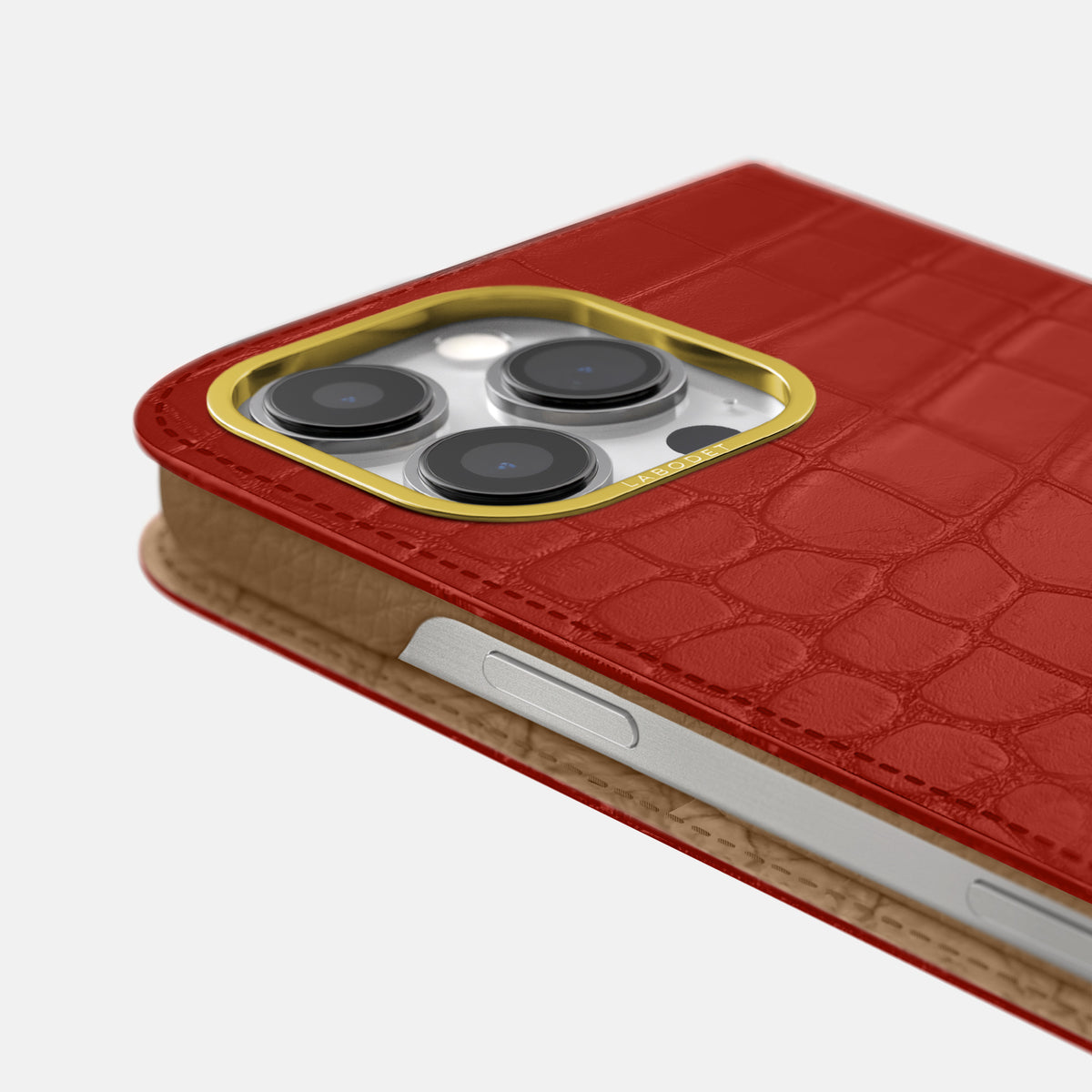 Red iPhone 16 Pro Max Folio Case In Alligator with Gold Metal -5 | Red-Gold