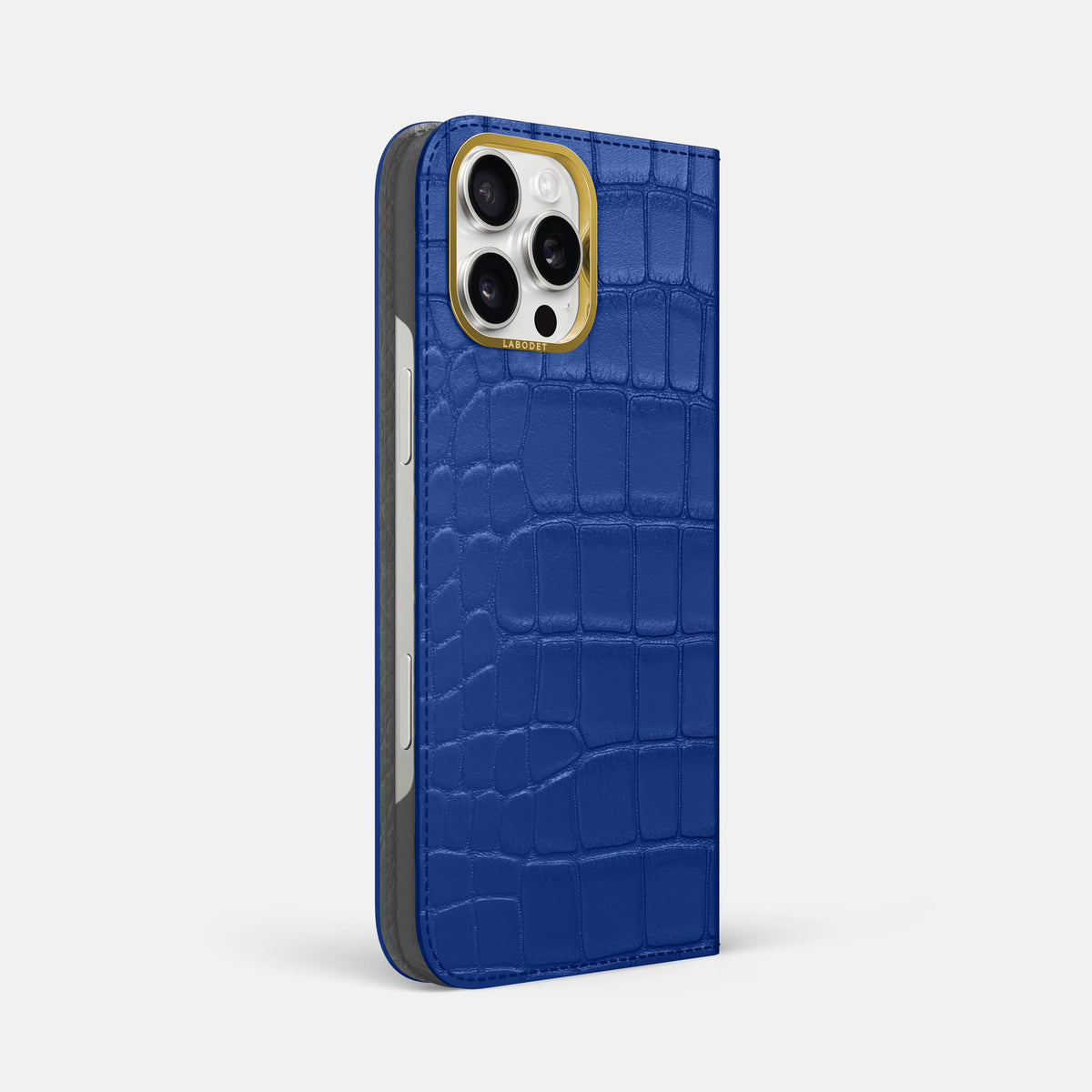Royal Blue iPhone 16 Pro Max Folio Case In Alligator with Gold Metal -1 | Royal-Blue-Gold