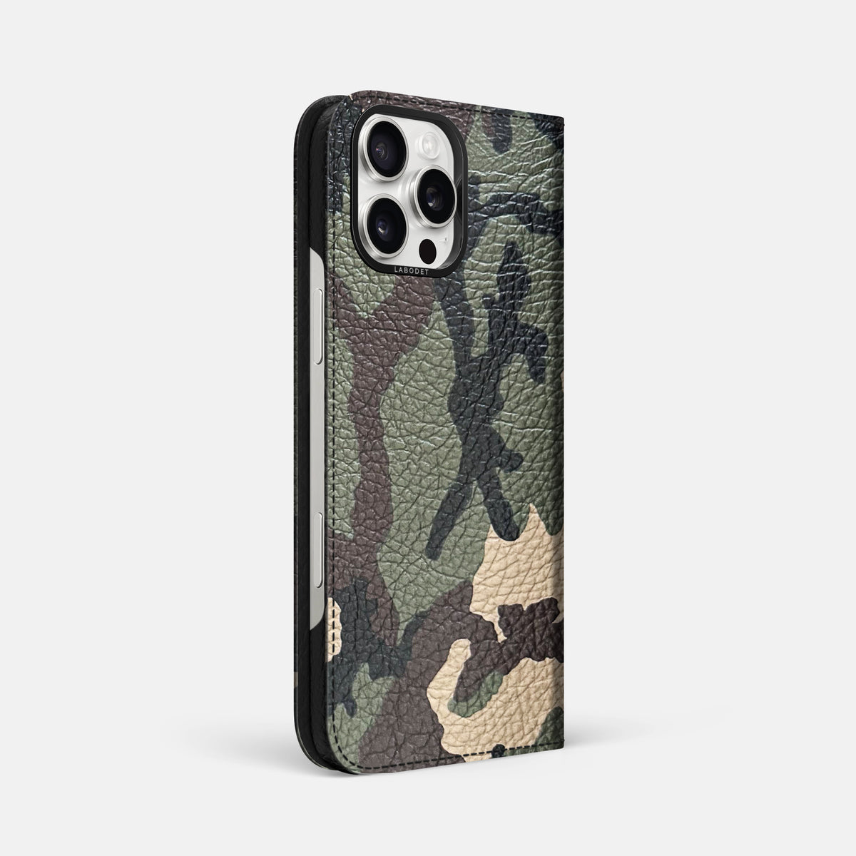 Camouflage iPhone 16 Pro Max Folio Case Calf with Black Metal -1 | Camouflage-Black