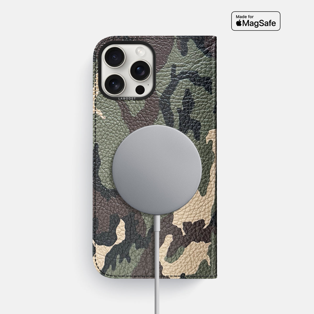 Camouflage iPhone 16 Pro Max Folio Case Calf with Black Metal -3 | Camouflage-Black